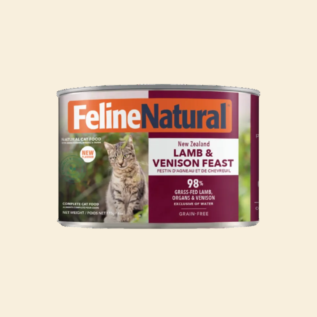 Front view of Feline Natural Lamb &amp; Venison Feast grain-free wet cat food in a 170g can