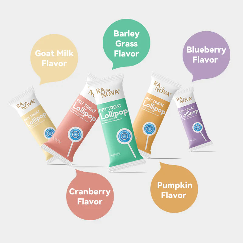 An infographic displaying the five individually wrapped RANOVA cat lollipops with speech bubbles calling out their specific flavors: Goat Milk, Cranberry, Barley Grass, Pumpkin, and Blueberry.