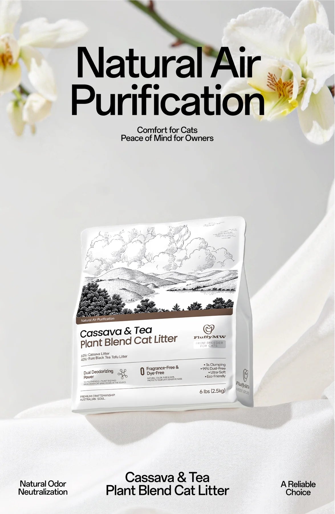 The front packaging of FluffyMW Cassava and Black Tea cat litter surrounded by elegant white flowers and draped fabric, emphasizing natural air purification and its Australian breeder origins.