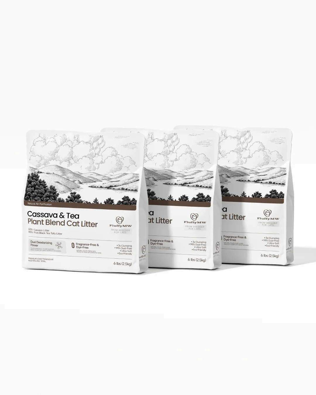 Three 2.5kg bags of FluffyMW Cassava and Tea Plant Blend Cat Litter arranged together on a pristine white background, ideal for showcasing a multi-pack or bundle option.
