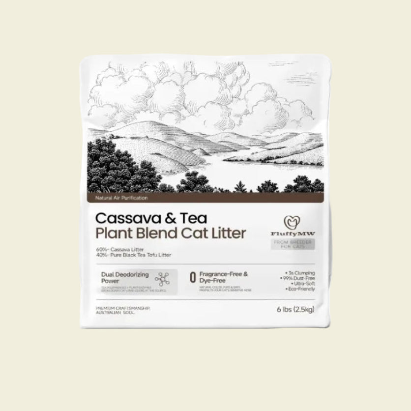 A clean front view of a single 2.5kg bag of FluffyMW Cassava and Tea Plant Blend Cat Litter on a white background, featuring a classic line-art landscape illustration and highlighting its dual deodorizing power.