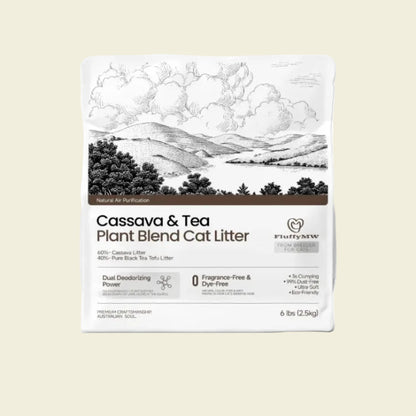 A clean front view of a single 2.5kg bag of FluffyMW Cassava and Tea Plant Blend Cat Litter on a white background, featuring a classic line-art landscape illustration and highlighting its dual deodorizing power.