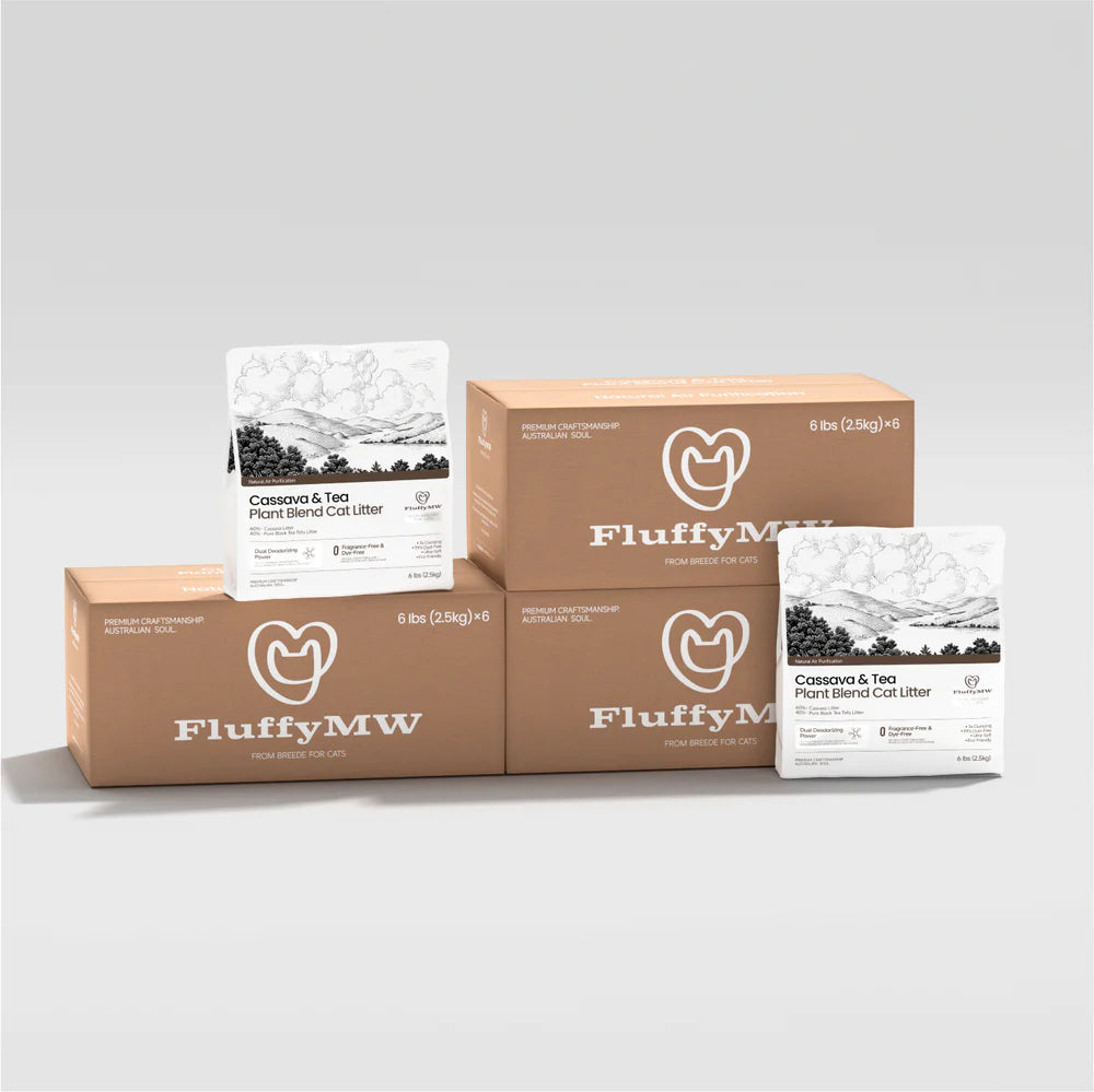 Multiple FluffyMW cat litter bags and brown cardboard shipping boxes, featuring the brand logo and text emphasizing premium craftsmanship and its Australian soul.