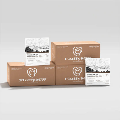 Multiple FluffyMW cat litter bags and brown cardboard shipping boxes, featuring the brand logo and text emphasizing premium craftsmanship and its Australian soul.