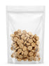 A clean studio view of a clear stand-up pouch filled with premium freeze-dried cat and dog treats, showcasing the adorable paw and hexagon shapes made with a minimum of 65% crude protein.