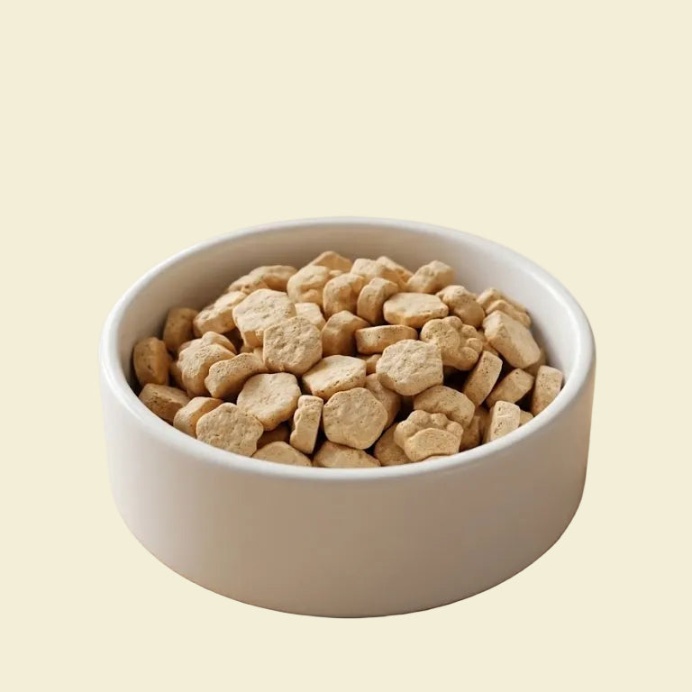 A white ceramic pet bowl filled with Freeze-Dried Goat Milk Chicken Mini Paws treats on a wooden table, demonstrating a delicious, high-value training reward or food topper for cats and dogs.