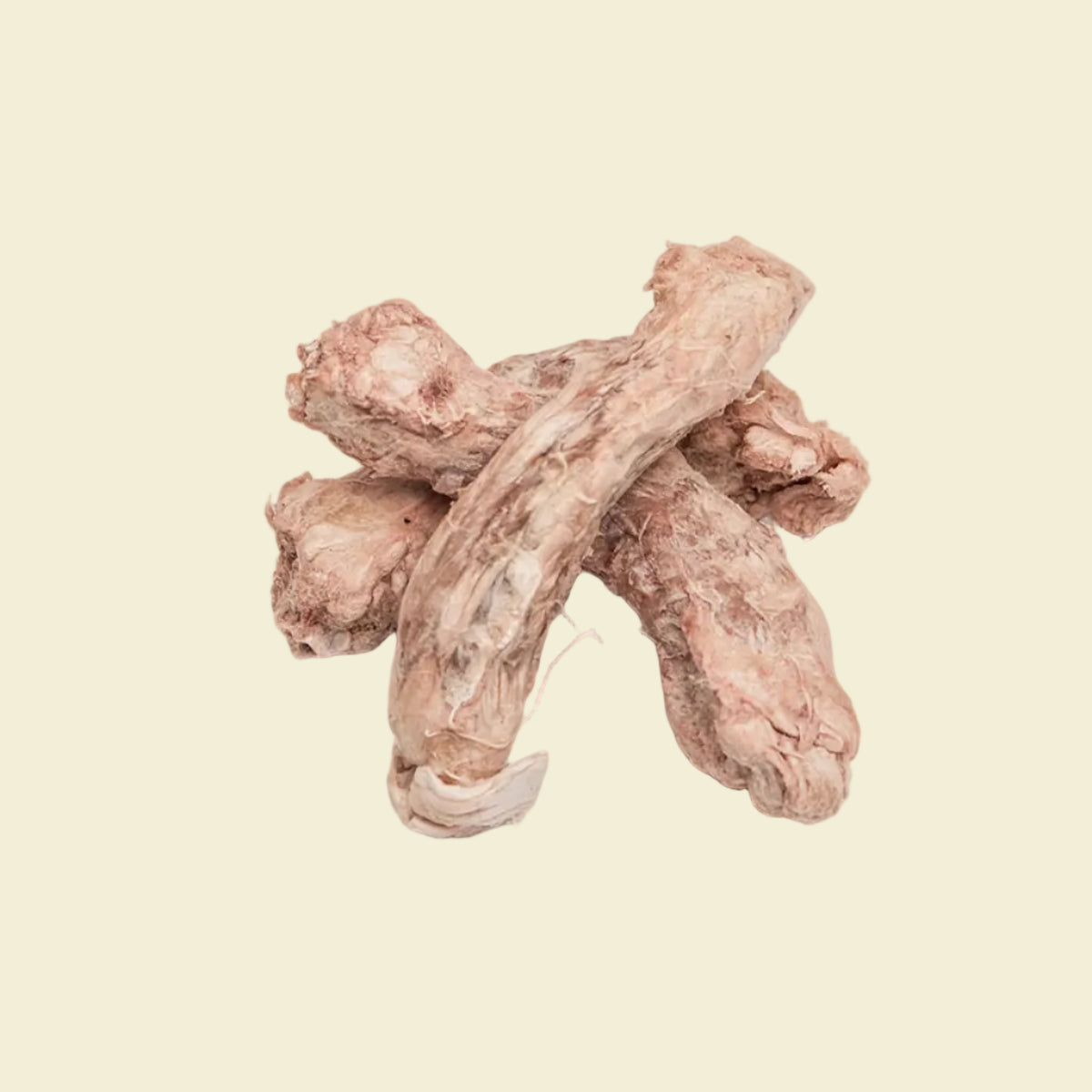 A close-up view of four premium freeze-dried chicken necks on a white background, highlighting their natural crunchy texture that acts as a dental chew for cats and dogs.