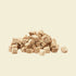 A pile of uniform, bite-sized freeze-dried duck cubes on a white background, highlighting a clean, single-ingredient hypoallergenic training treat for pets.