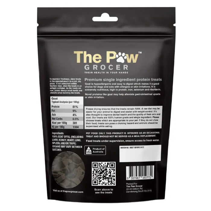 Detailed view of The Paw Grocer Freeze-Dried Goat Organ pet treats. Naturally rich in iron, selenium, and riboflavin to support healthy digestion and alleviate gastrointestinal upsets.