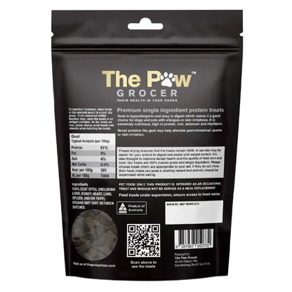 Detailed view of The Paw Grocer Freeze-Dried Goat Organ pet treats. Naturally rich in iron, selenium, and riboflavin to support healthy digestion and alleviate gastrointestinal upsets.