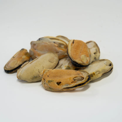 Close-up of Rafa Raw freeze-dried Green Lipped Mussels. Gently freeze-dried completely raw to retain maximum natural potency, Omega-3s, and a satisfying crunch for pets.