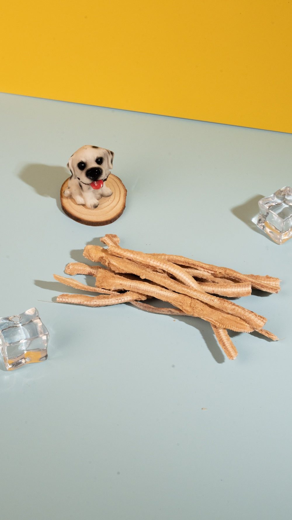 Freeze-dried shark cartilage sticks displayed on a light blue background next to a small dog figurine and ice cubes, highlighting a natural joint and dental chew for pets.