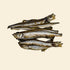 A top-down view of several freeze-dried whole capelin fish. High-protein, crunchy seafood treats for dogs and cats with 60% crude protein.