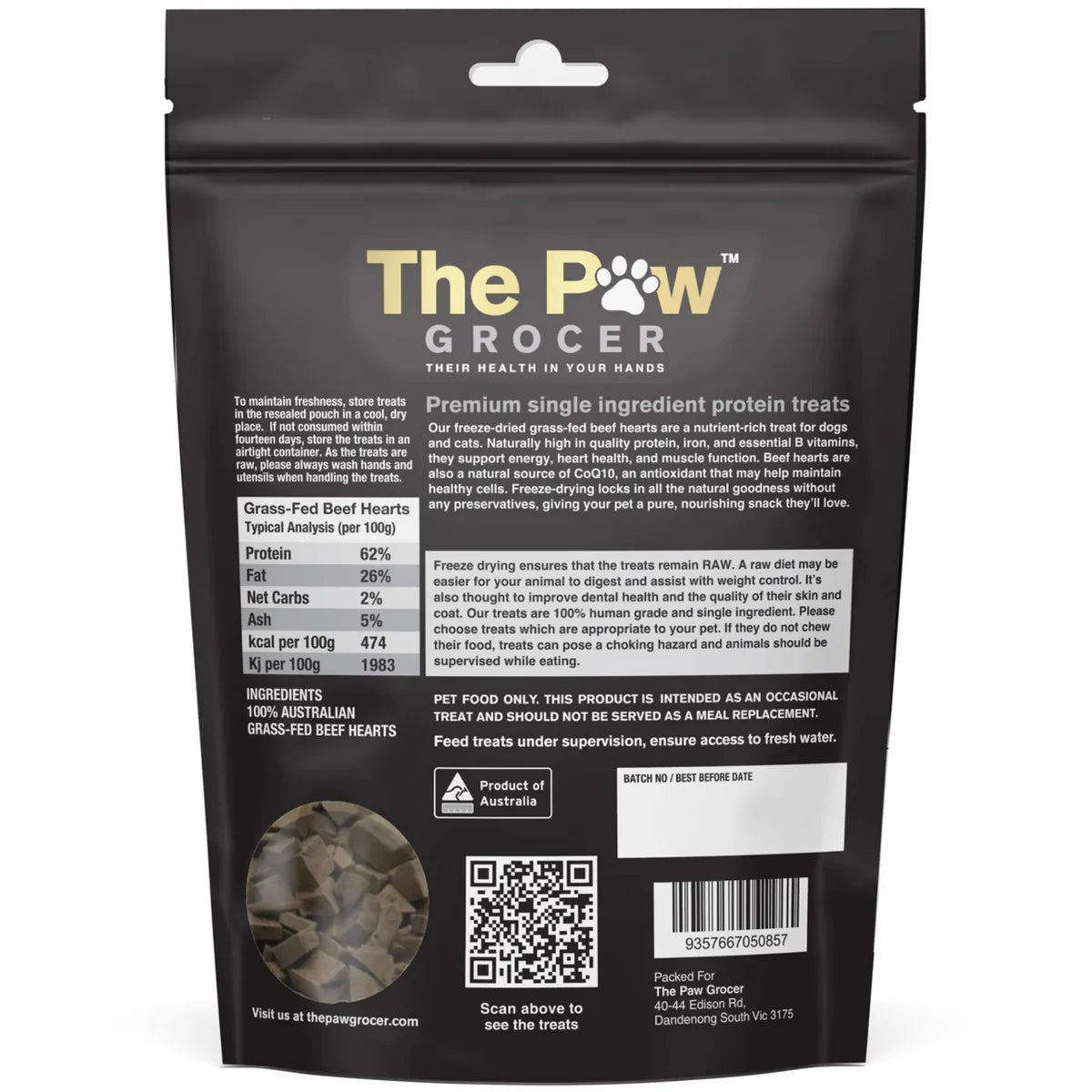 The back of The Paw Grocer Freeze-Dried Beef Hearts packaging, detailing the 100% grass-fed ingredients, feeding guidelines, and cardiovascular benefits like naturally occurring CoQ10.