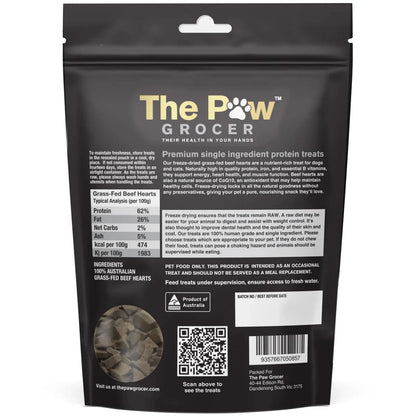 The back of The Paw Grocer Freeze-Dried Beef Hearts packaging, detailing the 100% grass-fed ingredients, feeding guidelines, and cardiovascular benefits like naturally occurring CoQ10.