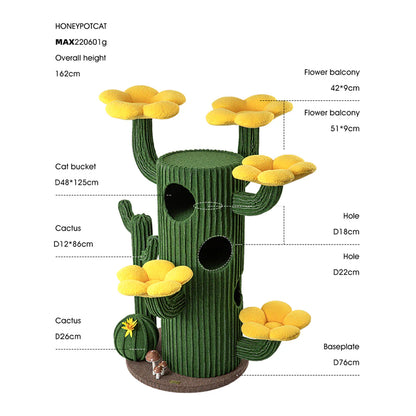 Detailed dimension guide for the green HONEYPOTCAT Luxe Cactus Bloom cat tree, highlighting the 162cm overall height, tiered flower balconies, and enclosed barrel holes.