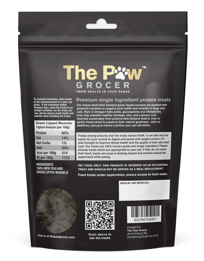 Nutritional analysis label for The Paw Grocer Green Lipped Mussels. Showing 60% Protein, high Omega-3, and zero additives. 100% New Zealand Green Lipped Mussels as the only ingredient.