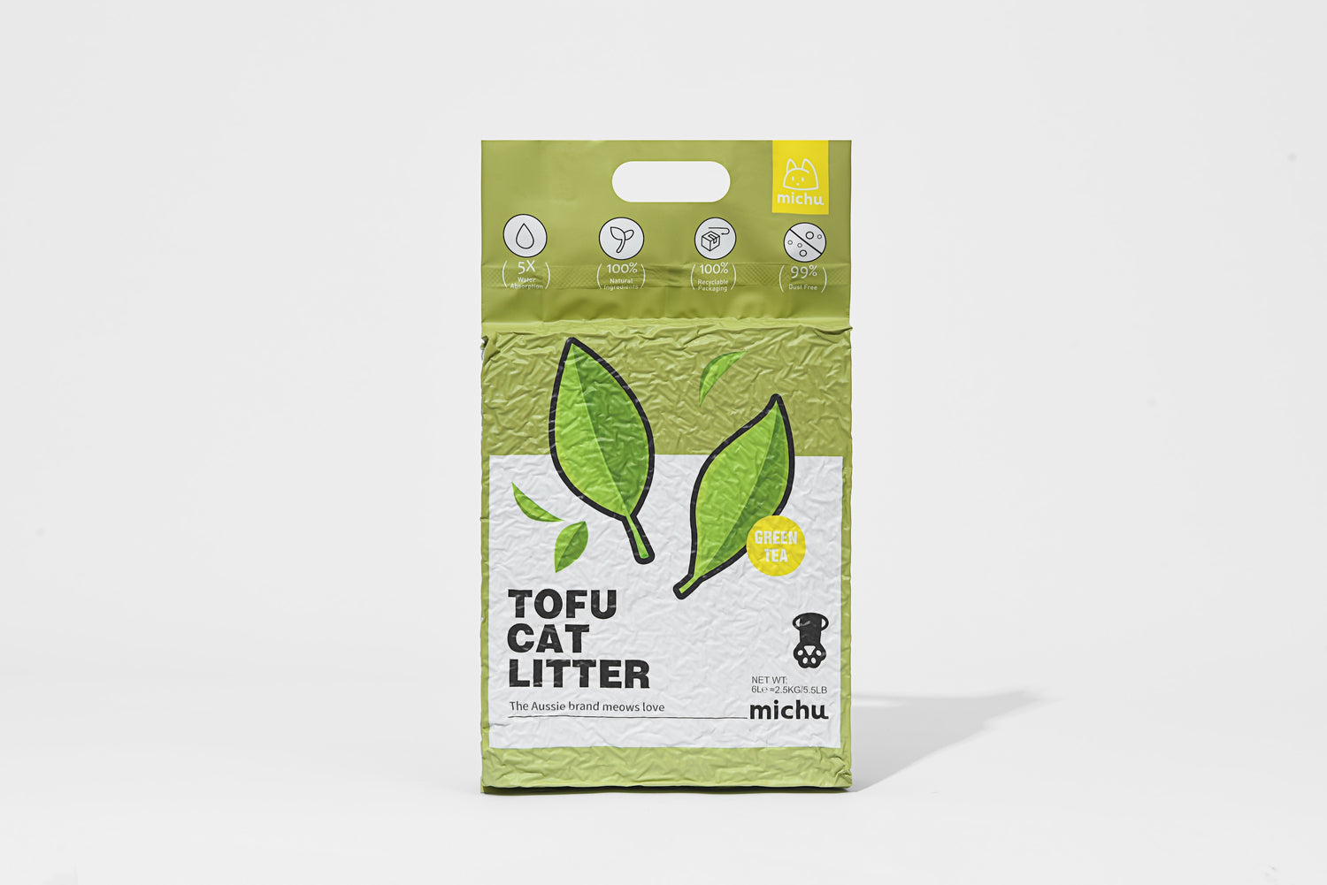 Package of tofu cat litter with green tea leaves on a white background