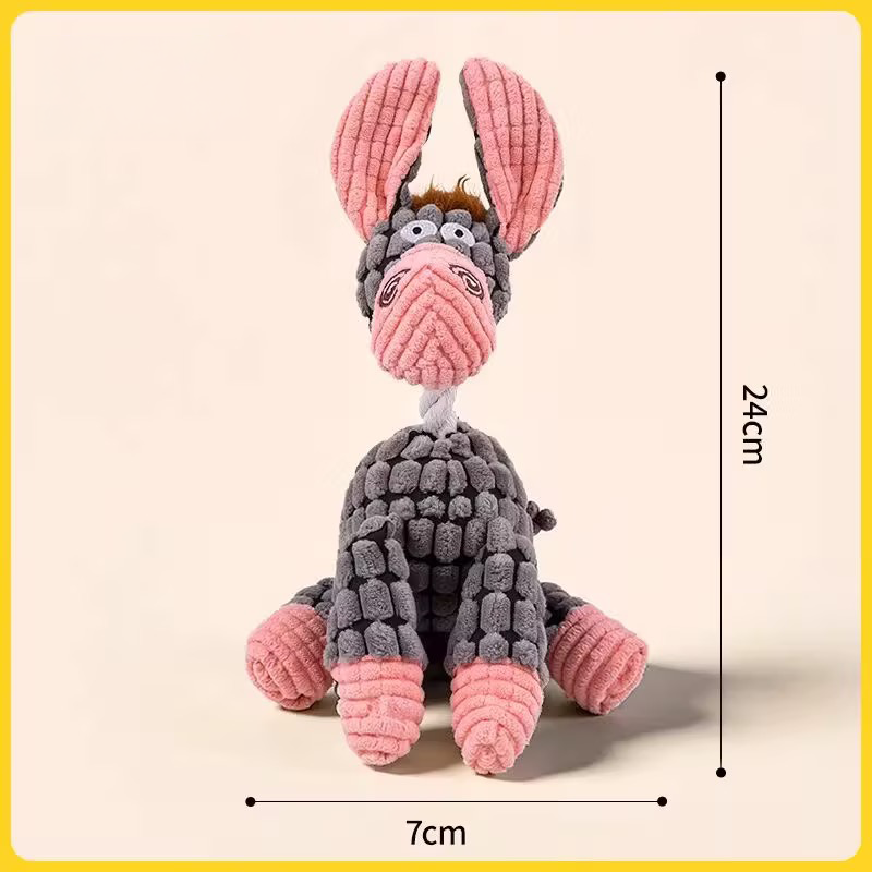 The grey and pink donkey Bubble Farm plush toy sizing guide, showing 24cm in height and 7cm in width, featuring the interactive cotton rope neck design.
