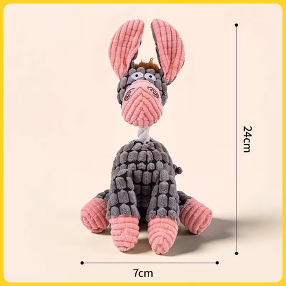 The grey and pink donkey Bubble Farm plush toy sizing guide, showing 24cm in height and 7cm in width, featuring the interactive cotton rope neck design.