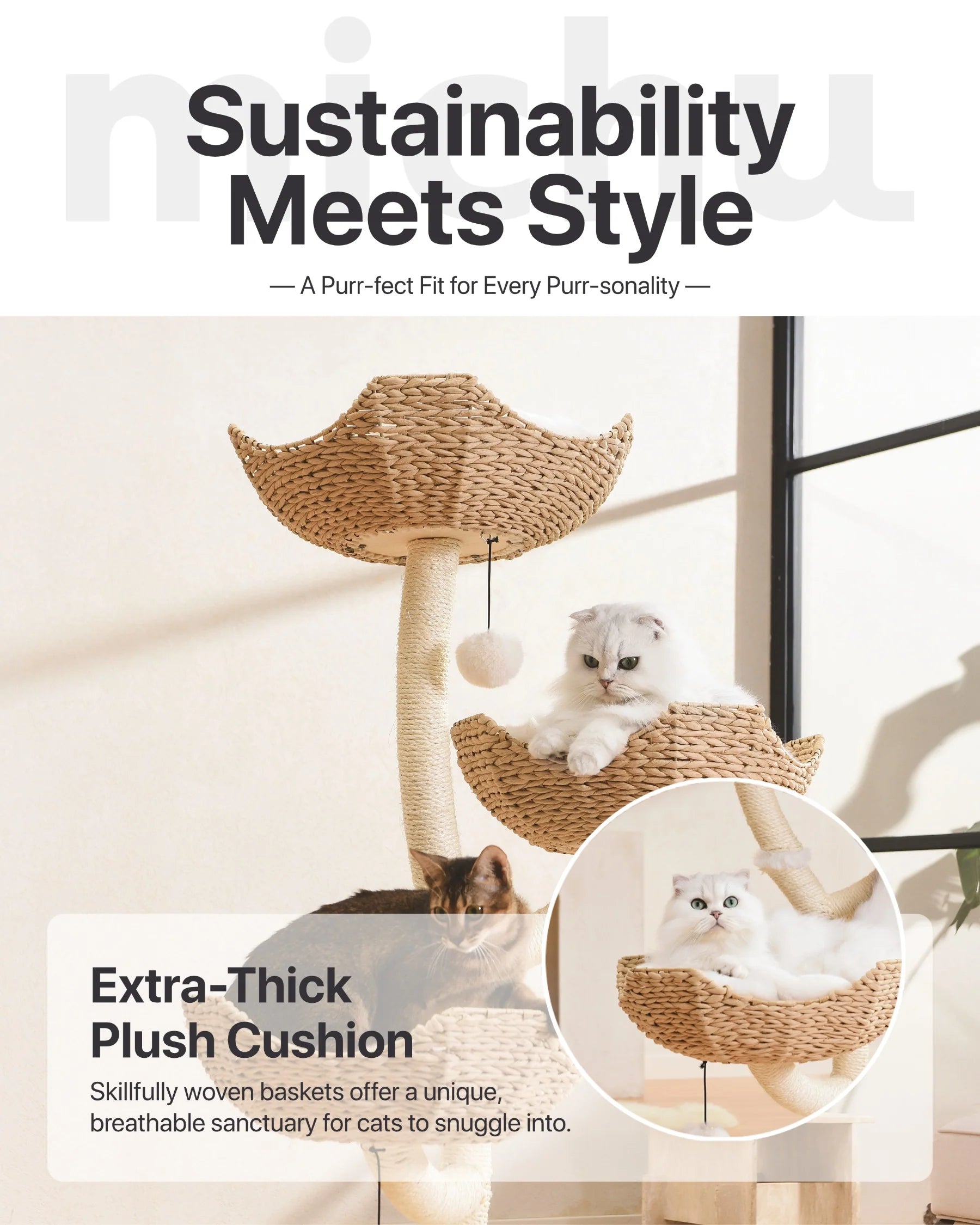 A beautiful white cat resting in a breathable, handwoven basket with an extra-thick white plush cushion on the Michu Ivy cat tree. Combines sustainability with style.