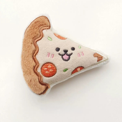 A 9.5cm happy pizza slice plush toy with embroidered pepperoni and a cute smiling face for small dogs