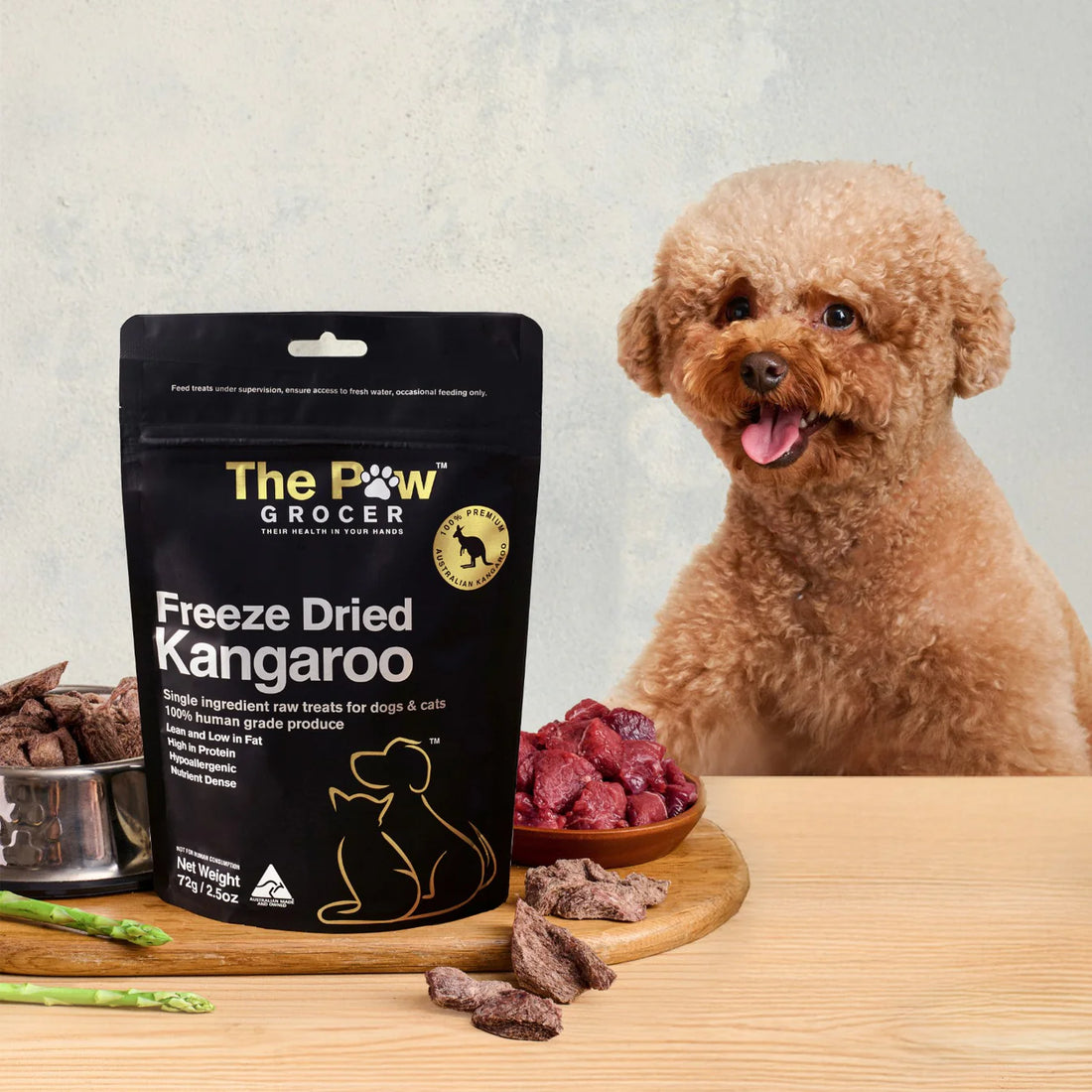 A happy poodle dog eagerly waiting for a high-value reward of The Paw Grocer Freeze-Dried Kangaroo treats, displayed next to fresh raw meat and the black product pouch.
