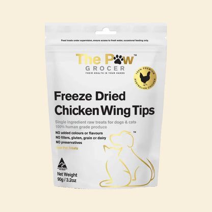 Front packaging of The Paw Grocer Freeze-Dried Chicken Wing Tips (90g). 100% human-grade Australian chicken with no added colours, flavours, or preservatives.