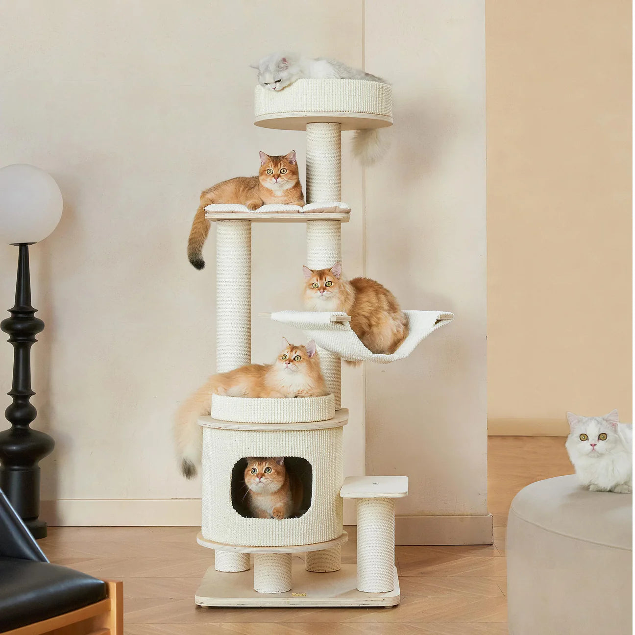 Five cats simultaneously resting and playing on the heavy-duty Michu Luna Solid Wood Cat Tree. Showcasing extreme wobble-free stability for multi-cat households.