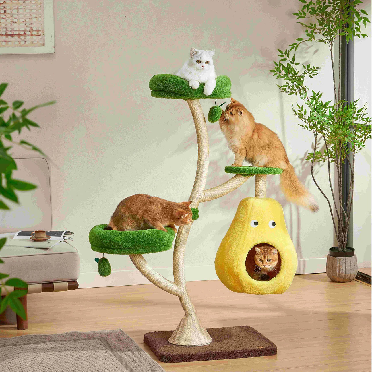 Four cats actively enjoying the Michu Verde multi-level playground in a sunlit living room. Showcasing the stability of the solid wood base and multiple resting spots.