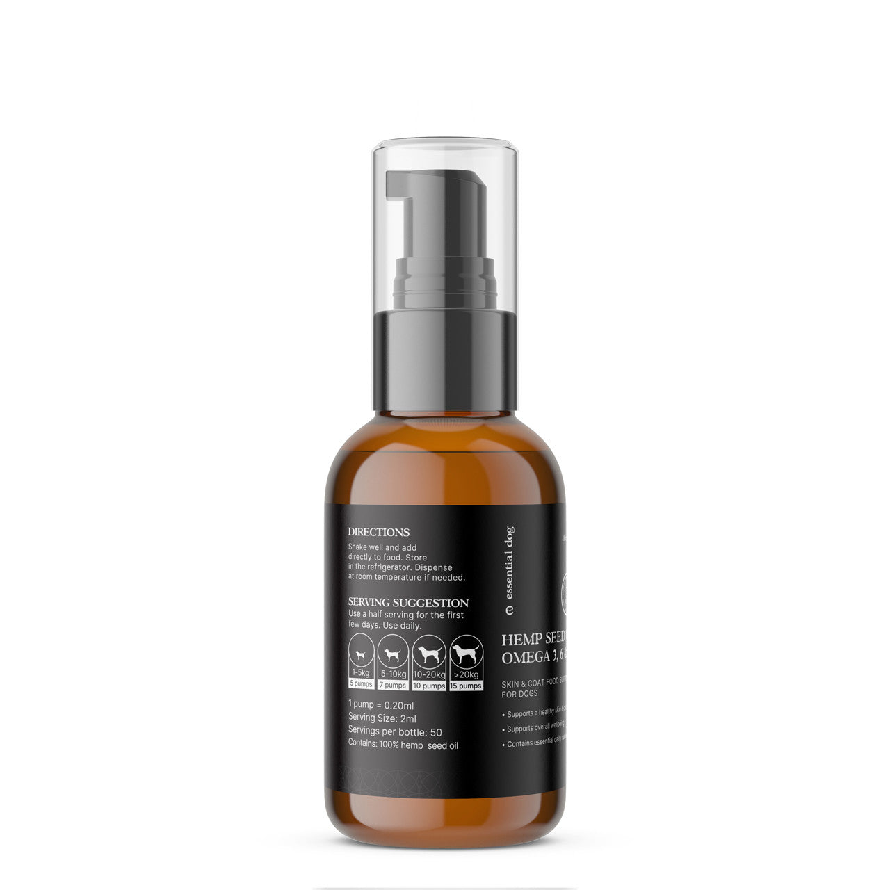 The side panel of the Essential Dog hemp seed oil bottle, detailing the easy-to-use serving suggestions and exact pump dosages based on the dog&