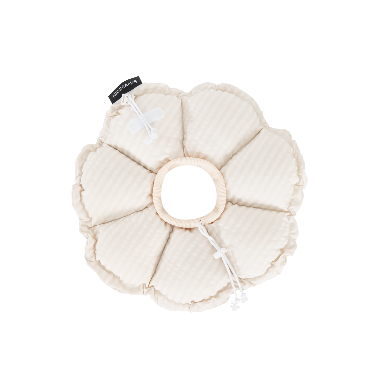 Flat lay of the Albumen White HiDREAM Gingham Flower Recovery Collar on a solid light background, featuring the adjustable drawstring.