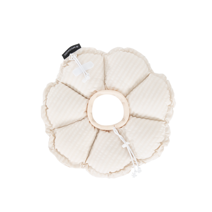 Flat lay of the Albumen White HiDREAM Gingham Flower Recovery Collar on a solid light background, featuring the adjustable drawstring.