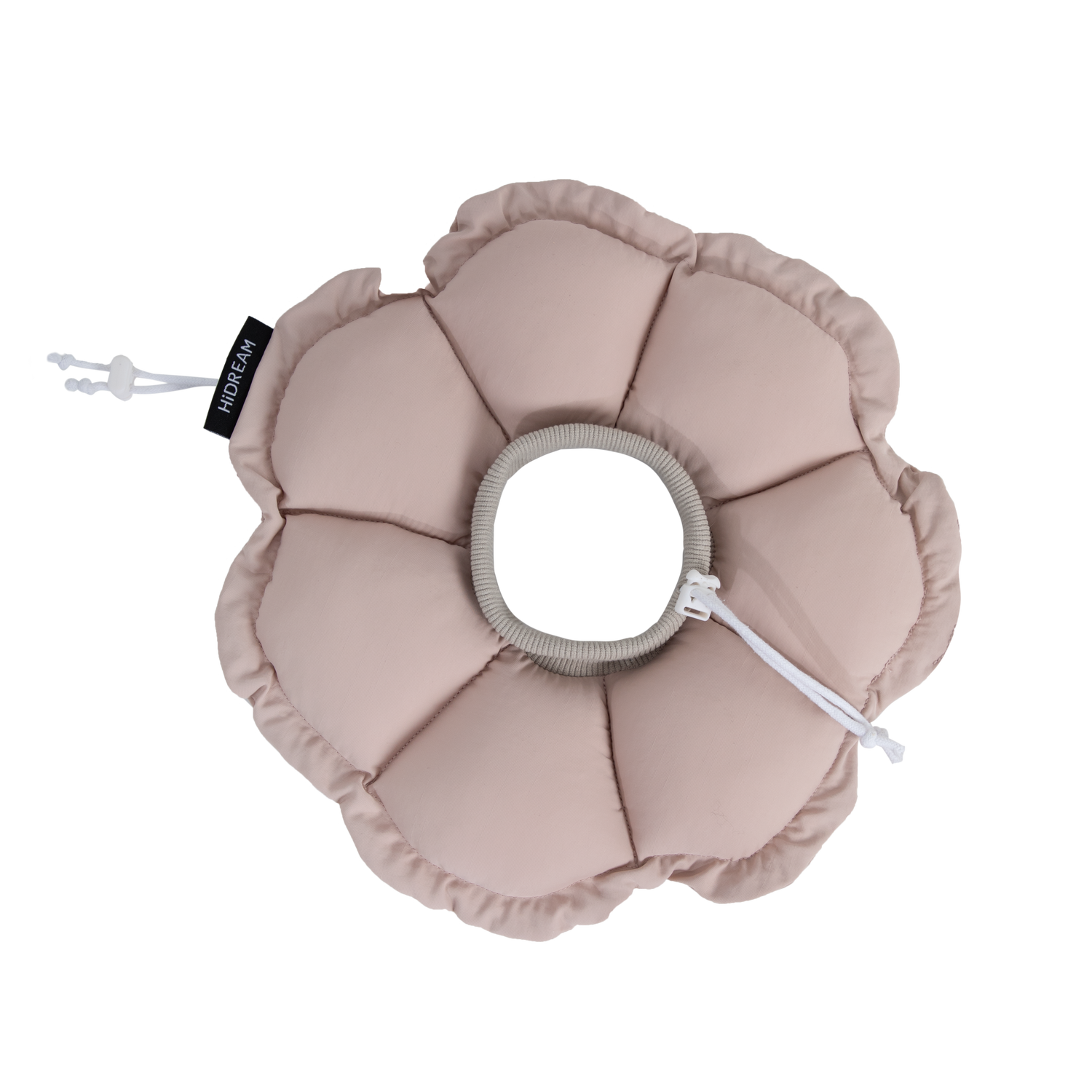 The Chestnut Pink variant of the HiDREAM soft flower recovery collar on a black background, showing the plush petal design and grey ribbed neckband.