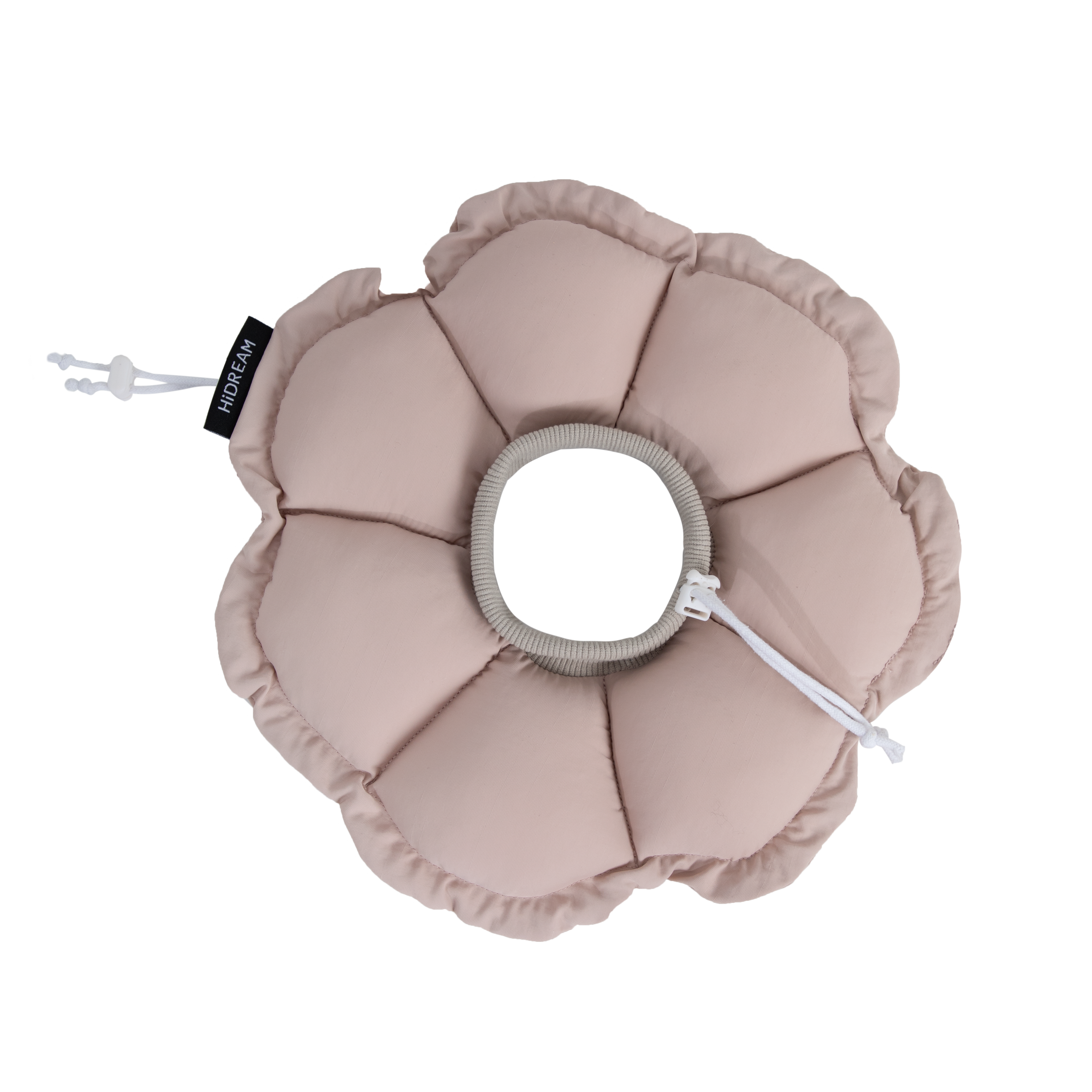 The Chestnut Pink variant of the HiDREAM soft flower recovery collar on a black background, showing the plush petal design and grey ribbed neckband.