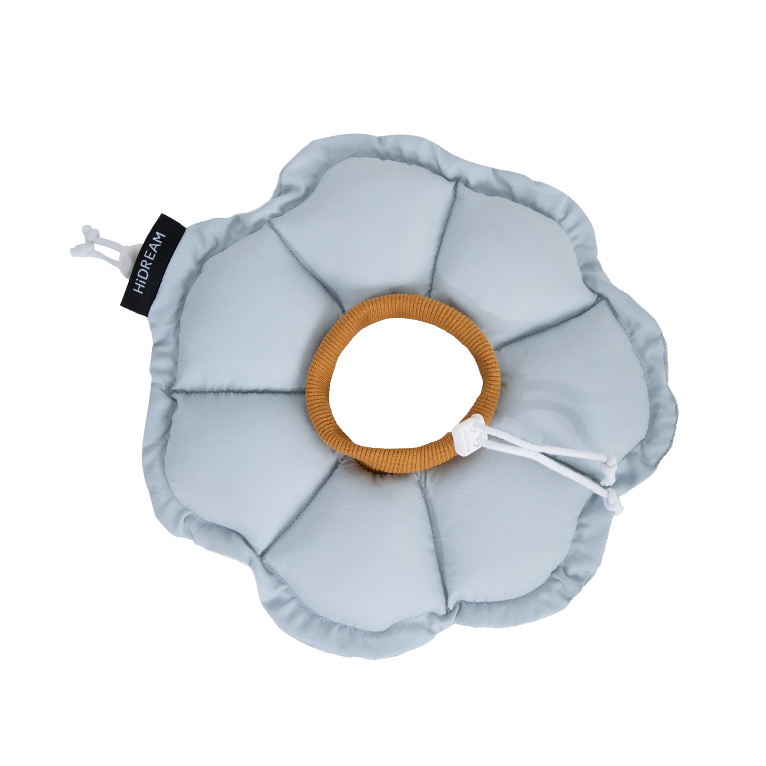 Flat lay of the HiDREAM Upgraded Soft Flower Recovery Collar in Iceland Blue, featuring a cozy ribbed inner neckband and adjustable drawstring on a black background.