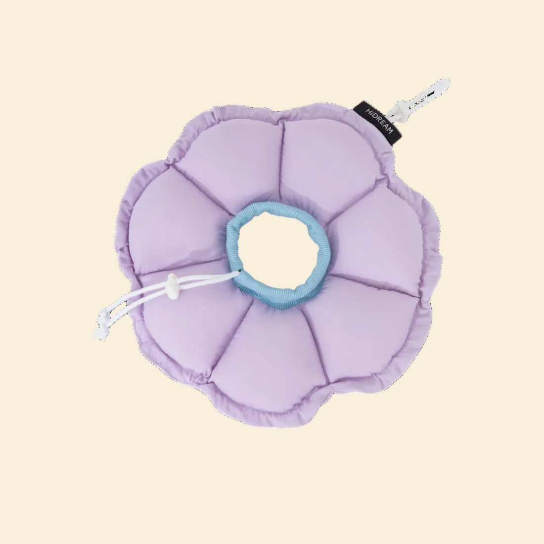 A flat lay of the HiDREAM Upgraded Soft Flower Recovery Collar in Wisteria Purple on a solid black background, featuring a contrasting light blue ribbed neckband and a white adjustable drawstring.