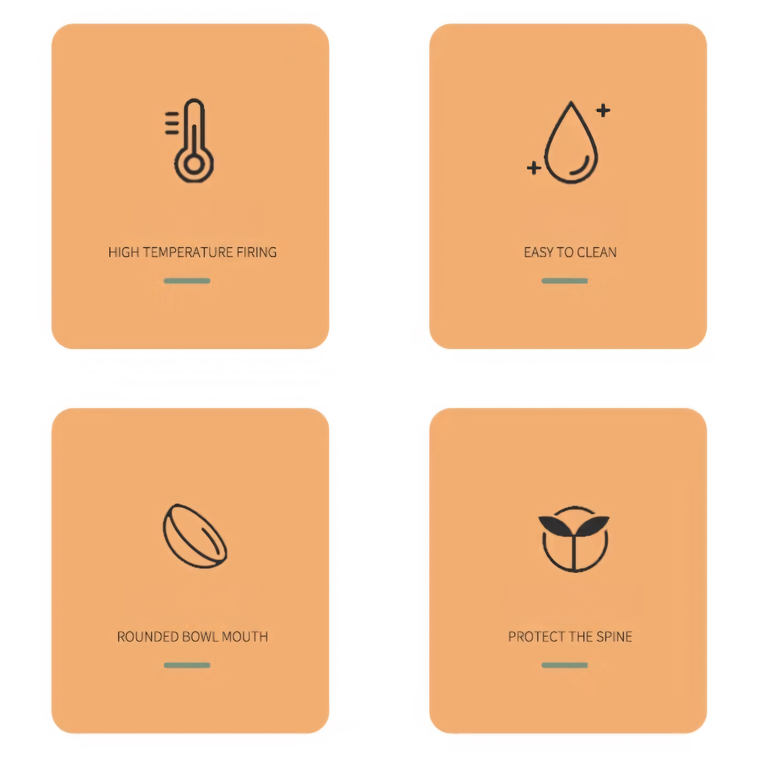 Infographic detailing the four benefits of the Crooked Tail Ceramic Plate: High temperature firing, easy to clean, rounded bowl mouth, and spine protection.