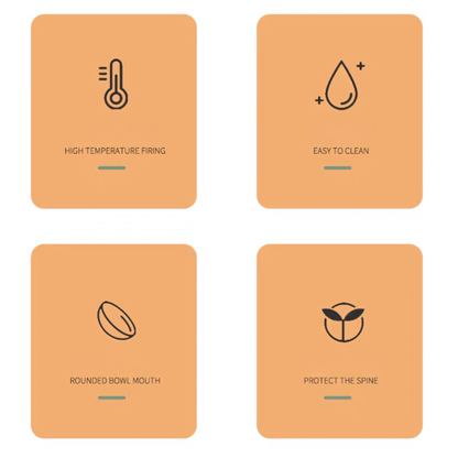 Infographic detailing the four benefits of the Crooked Tail Ceramic Plate: High temperature firing, easy to clean, rounded bowl mouth, and spine protection.