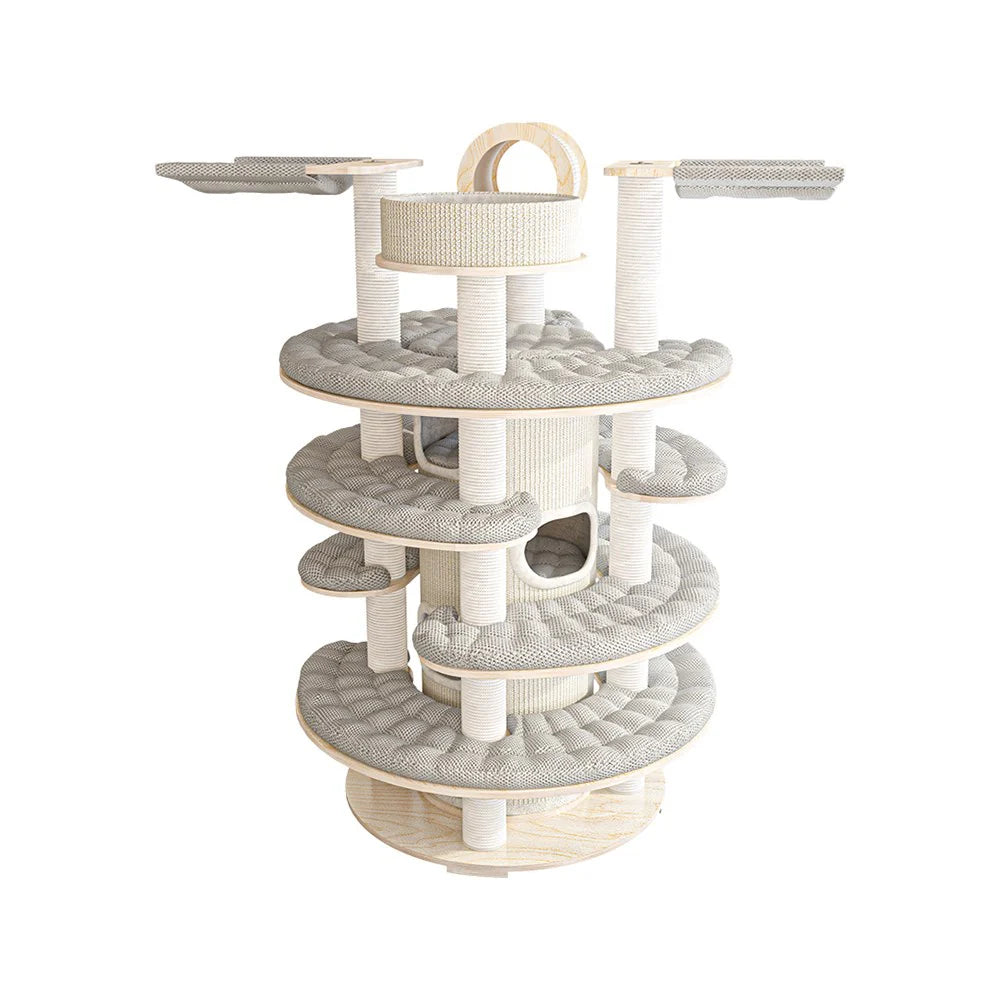 Modern 170cm solid wood cat tree with multi-level platforms, scratching posts, and cream plush cushions in a bright living room.