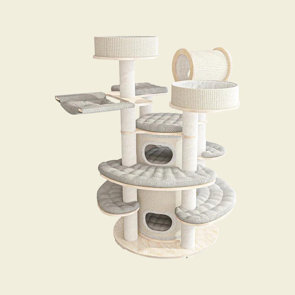 Modern solid wood cat tree by HONEYPOTCAT, featuring multi-level platforms, scratching posts, and a cozy hideaway barrel.