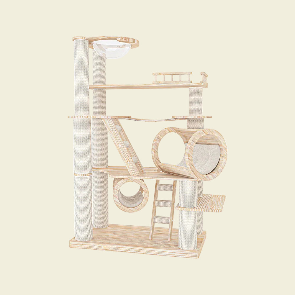 Front view of the 175cm HONEYPOTCAT Knightsbridge Grandeur Wood Wax Cat Tree, featuring a transparent space capsule, suspension bridge, and wooden barrels.