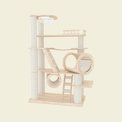 Front view of the 175cm HONEYPOTCAT Knightsbridge Grandeur Wood Wax Cat Tree, featuring a transparent space capsule, suspension bridge, and wooden barrels.