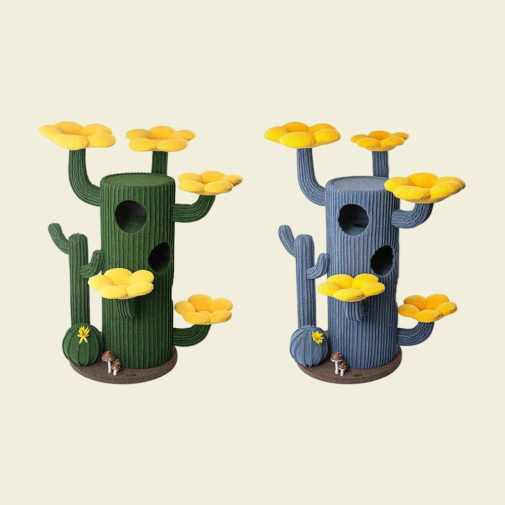 The HONEYPOTCAT Luxe Cactus Bloom Cat Tree available in two aesthetic colors: vibrant green and ocean-blue, featuring playful yellow flower platforms.