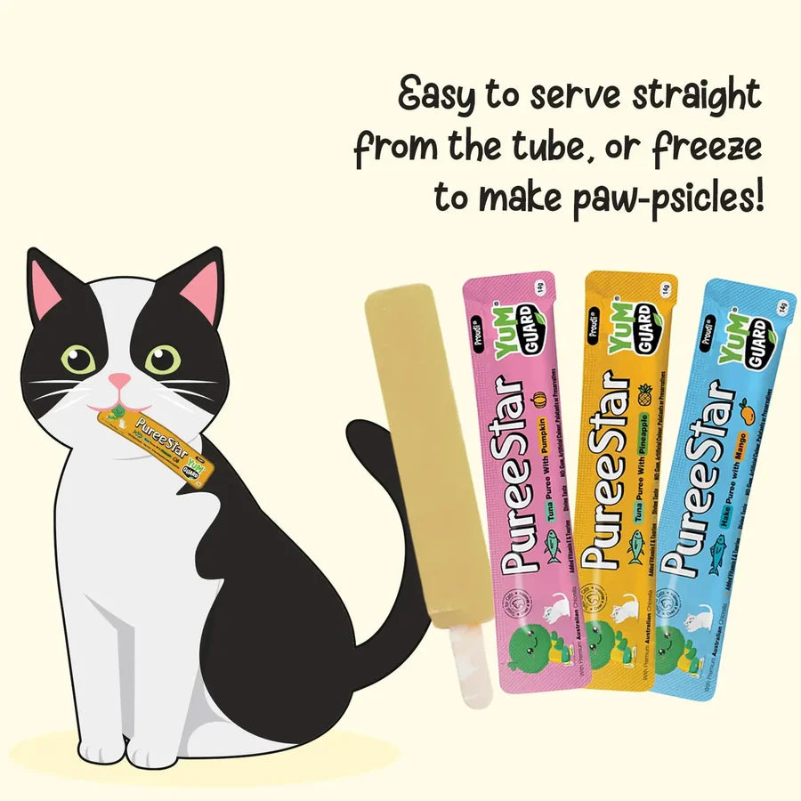 A cartoon cat eating YumGuard Puree Star directly from the tube. Shows versatility as a training reward or frozen into &