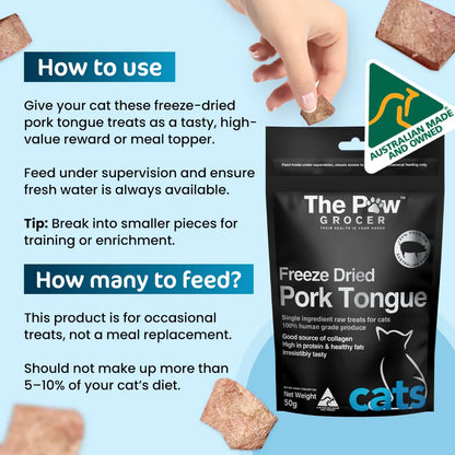 A feeding guide infographic for The Paw Grocer Pork Tongue Cat Treats, explaining how to use the freeze-dried cubes as a high-value reward or meal topper, featuring the Australian Made certification.