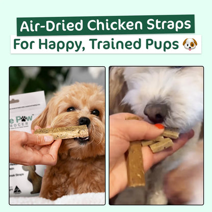 Two-panel image showing a dog holding a whole chicken strap in its mouth and a hand breaking a strap into small pieces for a happy, trained pup.