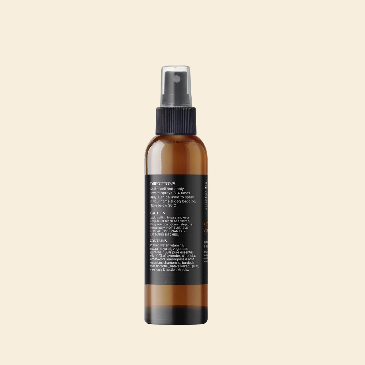 Usage directions for the natural bug spray: Shake well and spray onto the coat before walks. Note: Not suitable for cats, pregnant, or lactating bitches due to essential oils