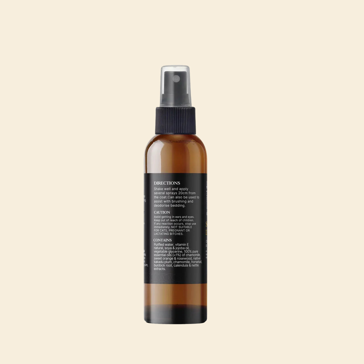 Usage directions for the waterless dog spray: Shake well, spray onto a dry coat, and brush through. Doubles as a grooming aid to reduce static and detangle knots.
