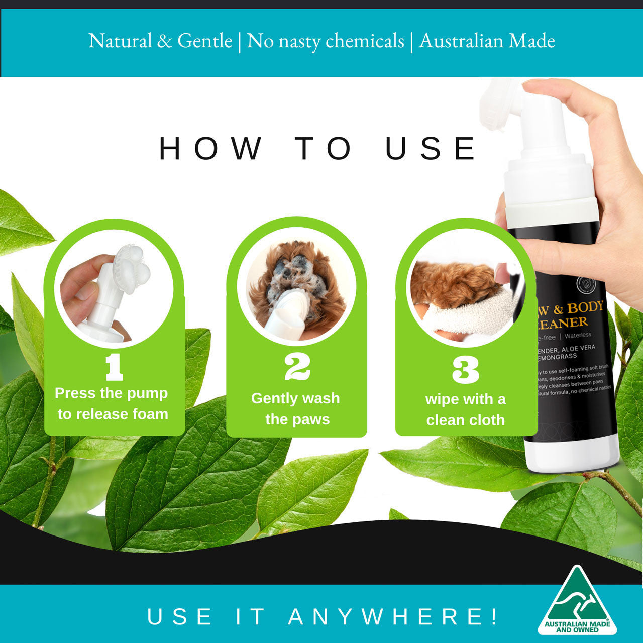 Step-by-step guide for the waterless paw cleaner: 1. Press pump to release foam, 2. Gently wash paws, 3. Wipe dry. A hassle-free routine for clean, fresh-smelling paws.